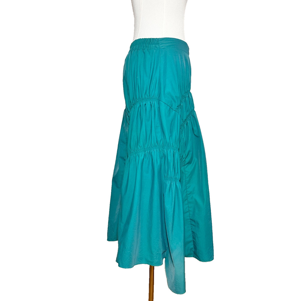 Teal Green Nylon Gathered Pull On Peasant Boho Maxi Skirt Small - Picture 3 of 7